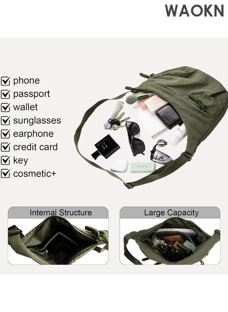 WAOKN Nylon Crossbody Bags for Women, Trendy Medium Crescent Bag,  Retro Nylon Canvas Crossbody Bag Slouchy Corduroy Dumpling BagLightweight Woman Over Shoulder Purse with Zipper(Green） - Image 4