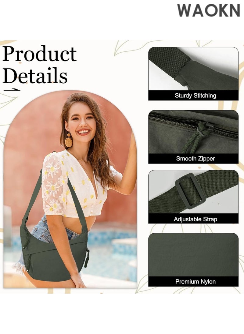 WAOKN Nylon Crossbody Bags for Women, Trendy Medium Crescent Bag,  Retro Nylon Canvas Crossbody Bag Slouchy Corduroy Dumpling BagLightweight Woman Over Shoulder Purse with Zipper(Green） - Image 5
