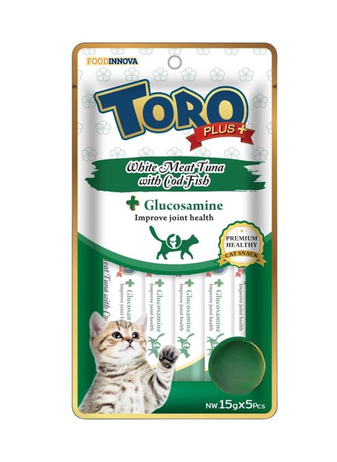 Wet Cat Treat White Meat Tuna with Cod Fish Flavor - 5 Sticks x 15g - Enriched with Glucosamine for Joint Health Support