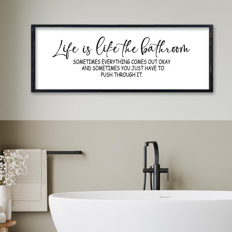 comurdyo Funny Motivational Life Is Like The Bathroom Humorous Wall Decor Art 32"Ã—12" for Farmhouse Bathroom Restroom Toilet Shelves Sign Large Modern Rustic Wooden Framed Wall Hanging (Black) - Image 1