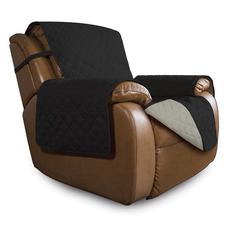 Easy-Going Oversized Recliner Cover Reversible Couch Cover Sofa Cover for Living Room Water Resistant Furniture Protector with Elastic Straps for Pets Dog (Oversized Recliner  Black/Beige)