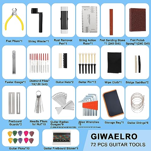 Giwaelro 72 PCS Guitar Tool Kit for Set Up, Intonation Adjustment and Repair, Guitar Maintenance Kit for Guitar Bass Banjo and Ukulele, Guitar Accessories for Guitar Enthusiast - Image 2