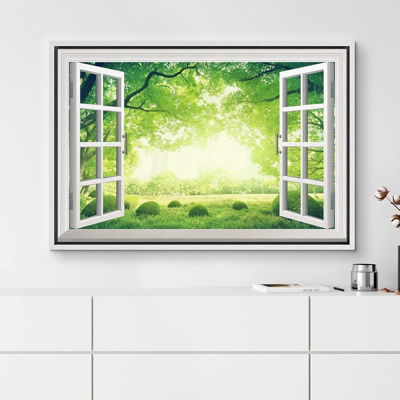 NWT Framed Canvas Print of Green Forest Window View - Image 3