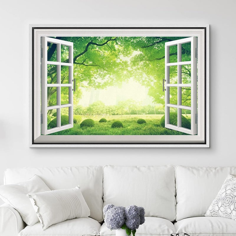 NWT Framed Canvas Print of Green Forest Window View - Image 2