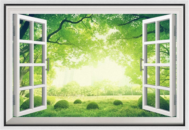 NWT Framed Canvas Print of Green Forest Window View - Image 1
