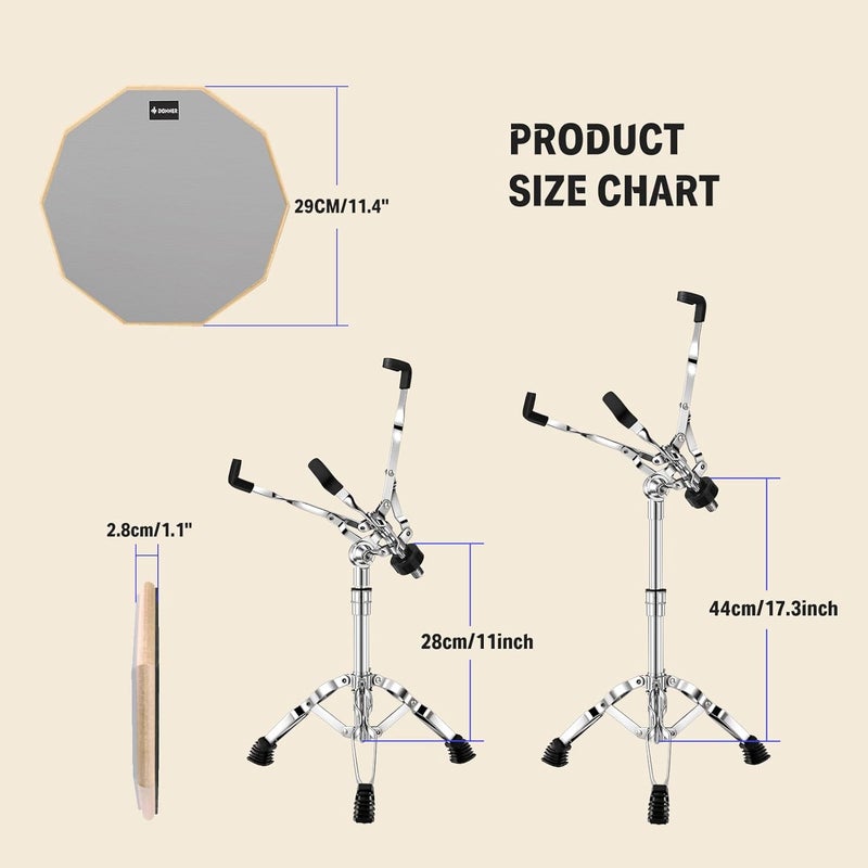 Donner Snare Drum Stand Set with Drum Practice Pad, 12'' Double-sided Silent Drum Pad set, Drumsticks, Backpack Adjustable Stand Fits 10''-14'' Dia Drums - Image 4