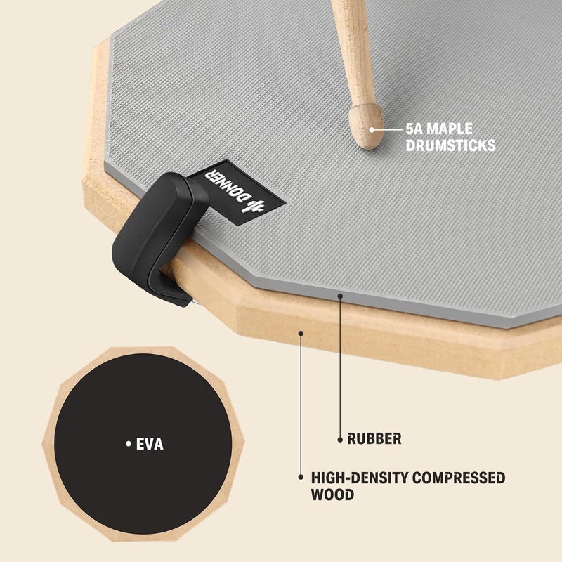 Donner Snare Drum Stand Set with Drum Practice Pad, 12'' Double-sided Silent Drum Pad set, Drumsticks, Backpack Adjustable Stand Fits 10''-14'' Dia Drums - Image 2
