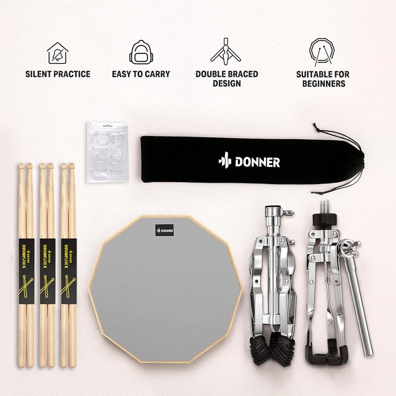 Donner Snare Drum Stand Set with Drum Practice Pad, 12'' Double-sided Silent Drum Pad set, Drumsticks, Backpack Adjustable Stand Fits 10''-14'' Dia Drums - Image 5