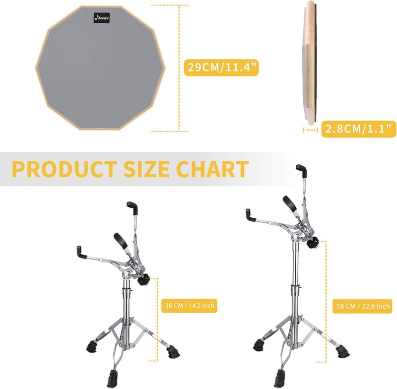 Donner Snare Drum Stand Set with Drum Practice Pad, 12'' Double-sided Silent Drum Pad set, Drumsticks, Backpack Adjustable Stand Fits 10''-14'' Dia Drums - Image 3