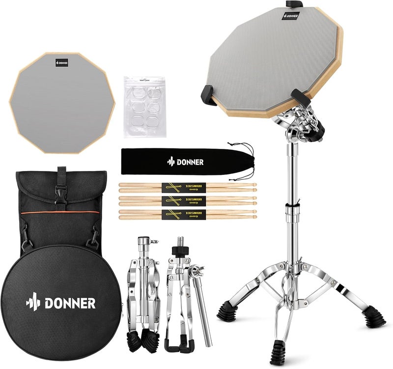 Donner Snare Drum Stand Set with Drum Practice Pad, 12'' Double-sided Silent Drum Pad set, Drumsticks, Backpack Adjustable Stand Fits 10''-14'' Dia Drums - Image 1