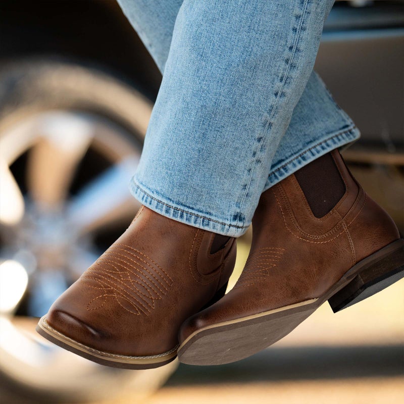 J's.o.l.e Ankle Cowboy Boots for Men Square Toe Chelsea Boots Mens Casual Retro Stylish Boots Brown US 9 - Image 2