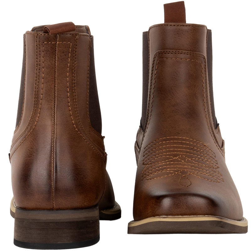 J's.o.l.e Ankle Cowboy Boots for Men Square Toe Chelsea Boots Mens Casual Retro Stylish Boots Brown US 9 - Image 4