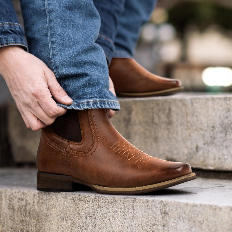 J's.o.l.e Ankle Cowboy Boots for Men Square Toe Chelsea Boots Mens Casual Retro Stylish Boots Brown US 9 - Image 3