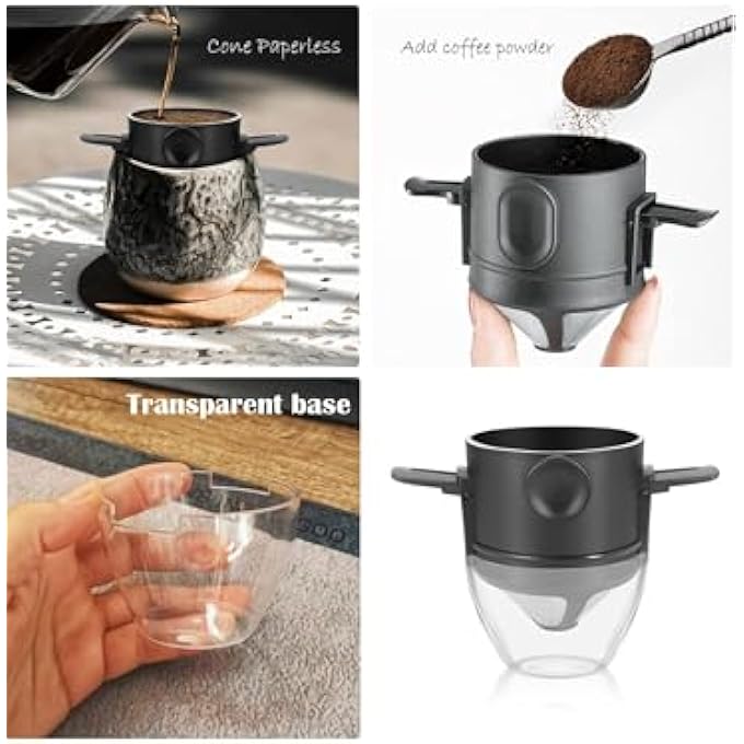 كاست ويف ماكينة تحضير القهوة القابلة لإعادة الاستخدام، فلتر مخروطي من الفولاذ المقاوم للصدأ، 12 كوبًا، مخروطي من الفولاذ، فلتر قهوة بدون ورق مع حامل قابل للطي للمنزل والمكتب والسفر والتخييم - Image 4