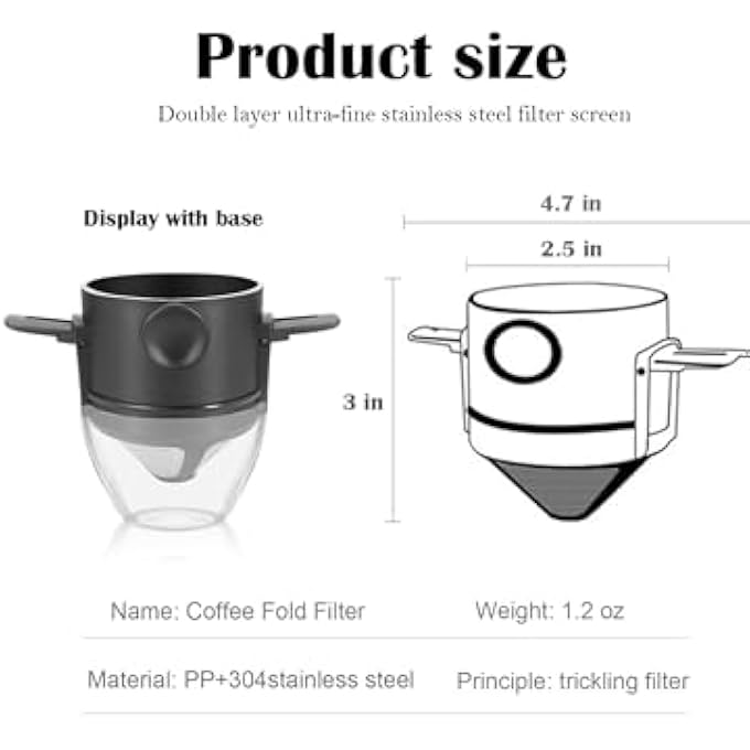 كاست ويف ماكينة تحضير القهوة القابلة لإعادة الاستخدام، فلتر مخروطي من الفولاذ المقاوم للصدأ، 12 كوبًا، مخروطي من الفولاذ، فلتر قهوة بدون ورق مع حامل قابل للطي للمنزل والمكتب والسفر والتخييم - Image 3