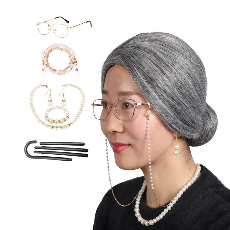 ColorGround ColorGround Old Lady Gray Wig with Granny Glass Eyeglass Chain Crutch Necklace Earrings Beads Bracelet for Halloween 