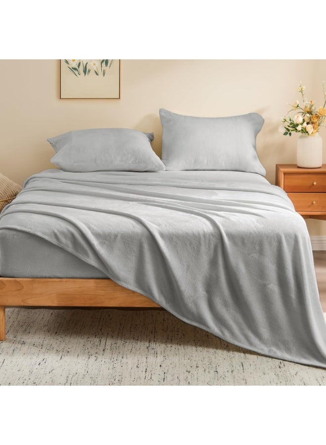 BEDELITE Flannel Sheets Queen Size Light Grey - Super Soft Fleece Sheets Set Fluffy Extra Plush, 4 Piece(Include Fitted Sheet, Flat Sheet, 2 Pillowcases) - Image 5