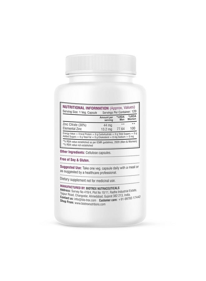 Biotrex Nutraceuticals Biotrex Zinc Citrate Supplement With High Purity, Supports Healthy Skin, Hair & Nails, Immune Health - 120 Veg Capsules - Image 2