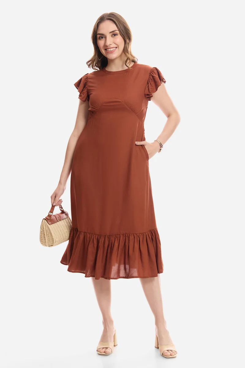 فيرجيو Solid Viscose Flutter Sleeve Midi Dress for Women