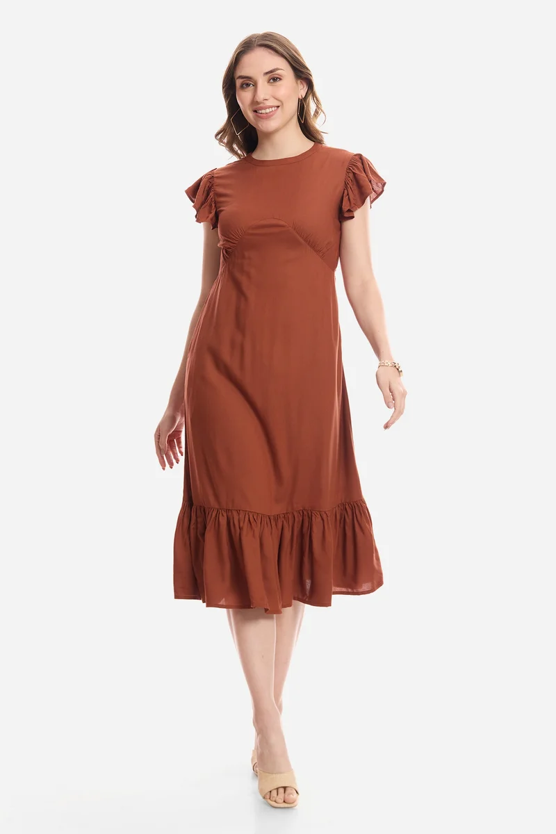 فيرجيو Solid Viscose Flutter Sleeve Midi Dress for Women