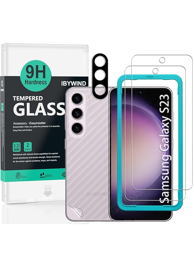 ايبيويند واقي شاشة لهاتف سامسونج جالاكسي S23 5G 6.1 بوصة مع قطعتين من الزجاج المقسى، قطعة واحدة من واقي عدسة الكاميرا، قطعة واحدة من فيلم ألياف الكربون الداعم، قارئ بصمات الأصابع، سهل التركيب - Image 1
