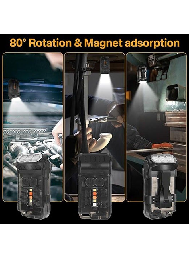 V15 Powerful 1200 Lumens Small Flashlight with 80° Swivel Head, Mirror Clip Warm Red COB Light Blue - Mini Pocket Keychain EDC Flashlight USB Rechargeable IP67 LED Flashlight - Image 4