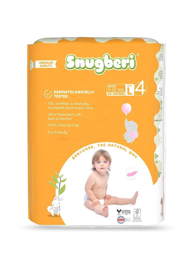 Snugberi - Premium Eco-Friendly Chlorine Free Feather Soft Printed Diapers Made Of Natural Wood Pulp With Wetness Indicator Size 4 Large 7-12 Kg - Mega Pack 60'S - Image 1