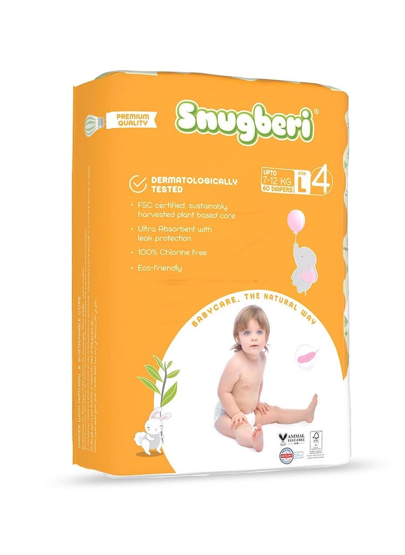 Snugberi - Premium Eco-Friendly Chlorine Free Feather Soft Printed Diapers Made Of Natural Wood Pulp With Wetness Indicator Size 4 Large 7-12 Kg - Mega Pack 60'S - Image 1