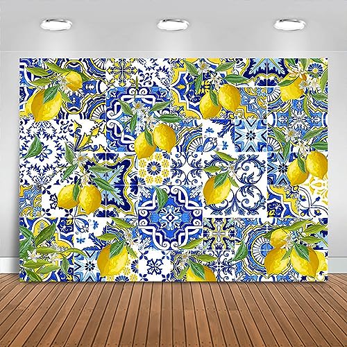 Fitumiw Blue Tiles Lemon Backdrop 7x5ft Summer Fruit Baby Shower Birthday Background Party Decorations Lemon Wall Paper Dessert Table Cloth Banner Photo Booth Props - Image 1