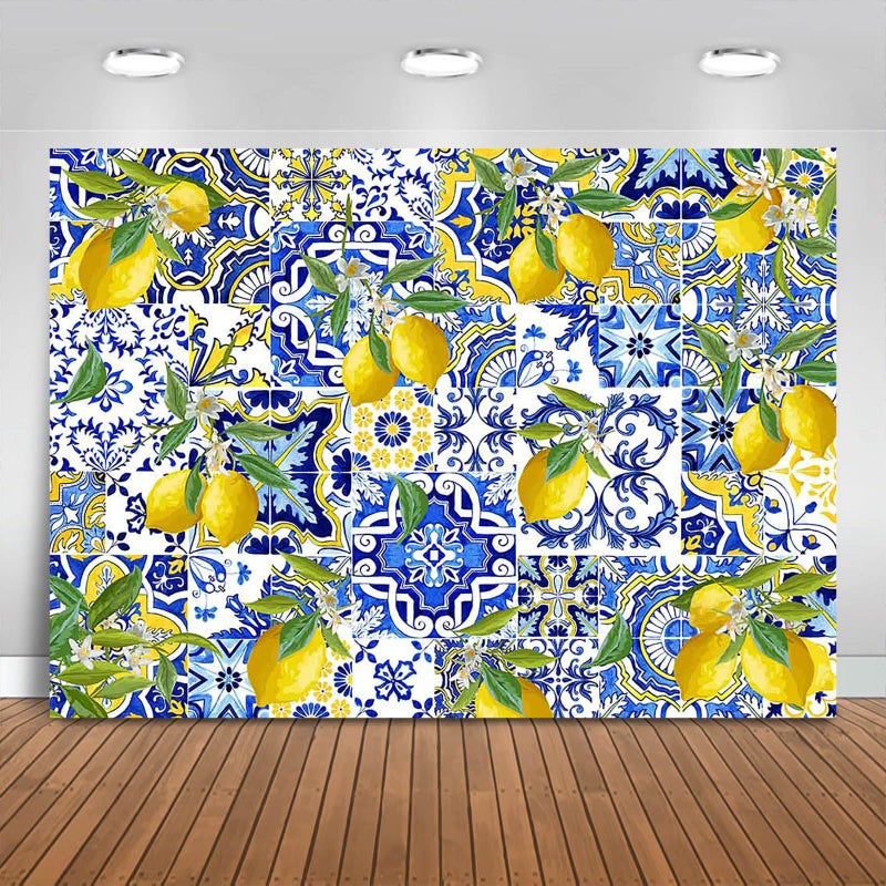 Fitumiw Blue Tiles Lemon Backdrop 7x5ft Summer Fruit Baby Shower Birthday Background Party Decorations Lemon Wall Paper Dessert Table Cloth Banner Photo Booth Props - Image 2
