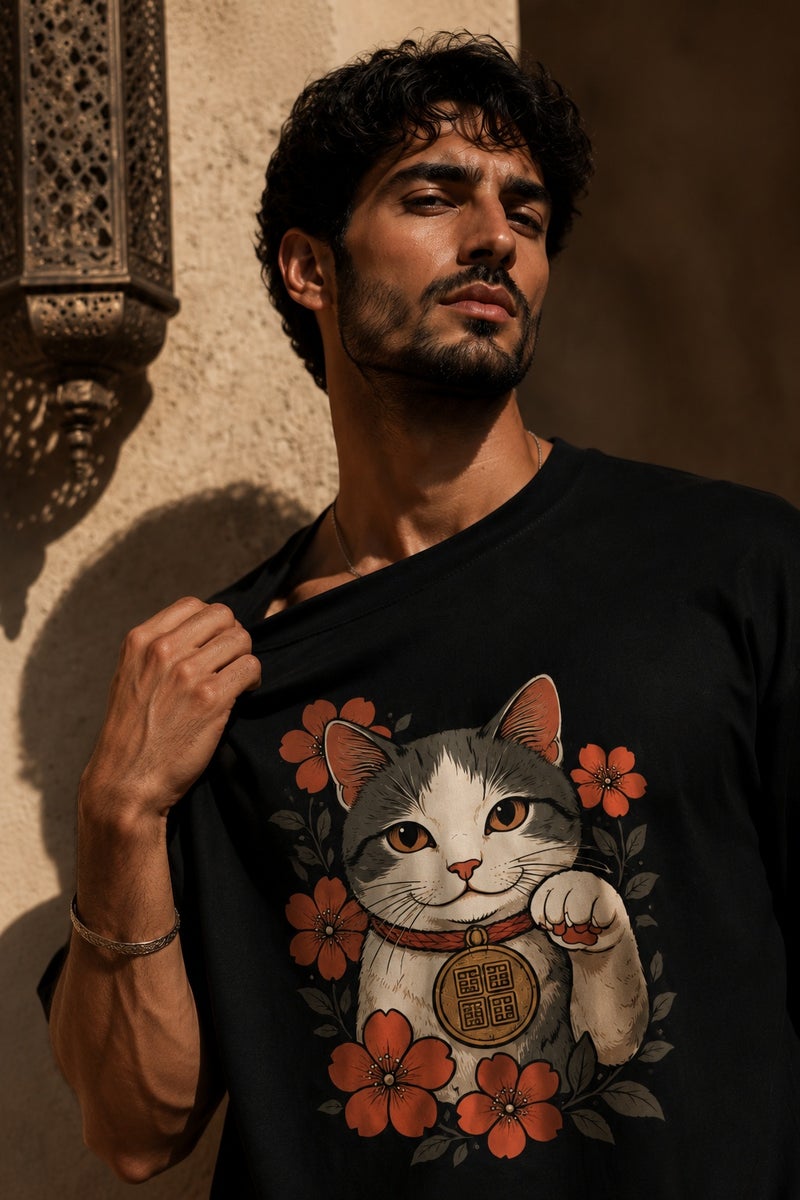 Men's Oversized Lucky Cat Graphic T-Shirt Casual Short Sleeve Crew Neck Streetwear Tee - Image 1