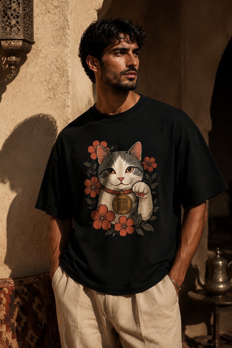 Men's Oversized Lucky Cat Graphic T-Shirt Casual Short Sleeve Crew Neck Streetwear Tee - Image 5