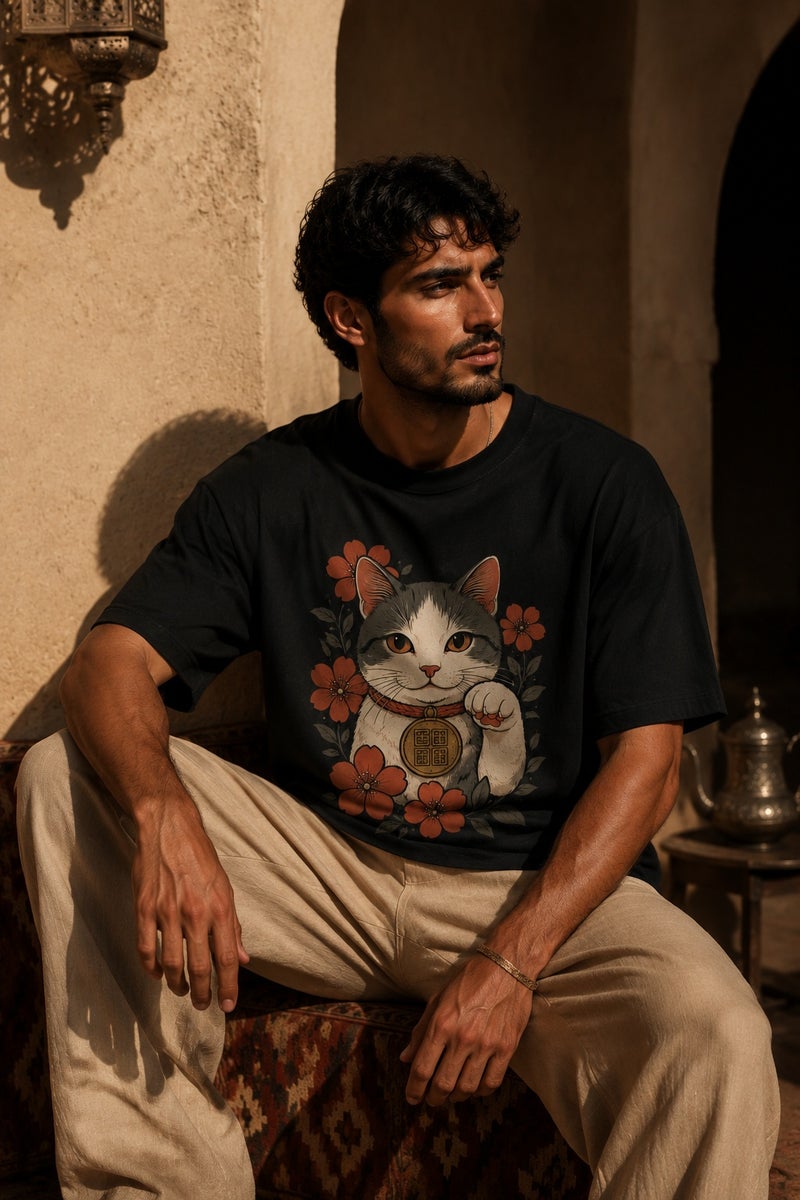 Men's Oversized Lucky Cat Graphic T-Shirt Casual Short Sleeve Crew Neck Streetwear Tee - Image 4