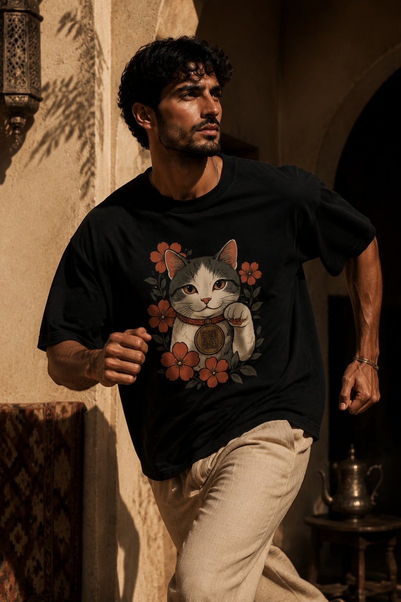Men's Oversized Lucky Cat Graphic T-Shirt Casual Short Sleeve Crew Neck Streetwear Tee - Image 3