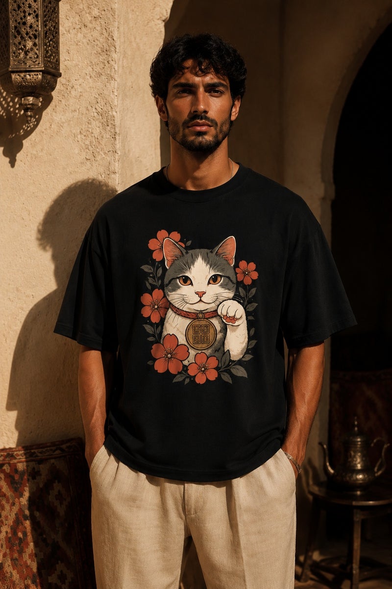 Men's Oversized Lucky Cat Graphic T-Shirt Casual Short Sleeve Crew Neck Streetwear Tee - Image 2