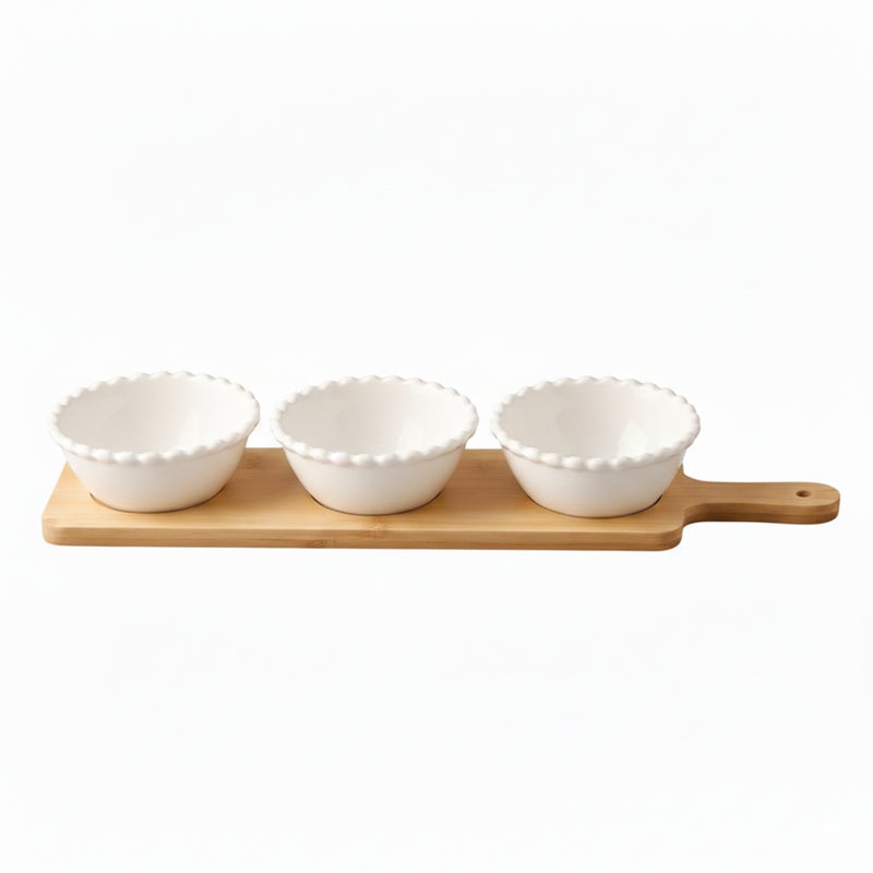Shallow 3PCS Round Porcelain Bowl Set with Bamboo Stand  13cm White New Bone China Serving Bowls for Snacks, Dates & Desserts | Ramadan, Eid, Diwali, Everyday Hosting & Gifting - Image 2