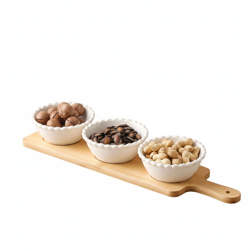 Shallow 3PCS Round Porcelain Bowl Set with Bamboo Stand  13cm White New Bone China Serving Bowls for Snacks, Dates & Desserts | Ramadan, Eid, Diwali, Everyday Hosting & Gifting - Image 1