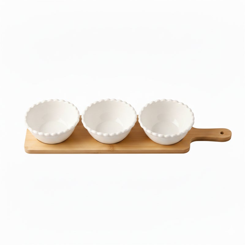 Shallow 3PCS Round Porcelain Bowl Set with Bamboo Stand  13cm White New Bone China Serving Bowls for Snacks, Dates & Desserts | Ramadan, Eid, Diwali, Everyday Hosting & Gifting - Image 3
