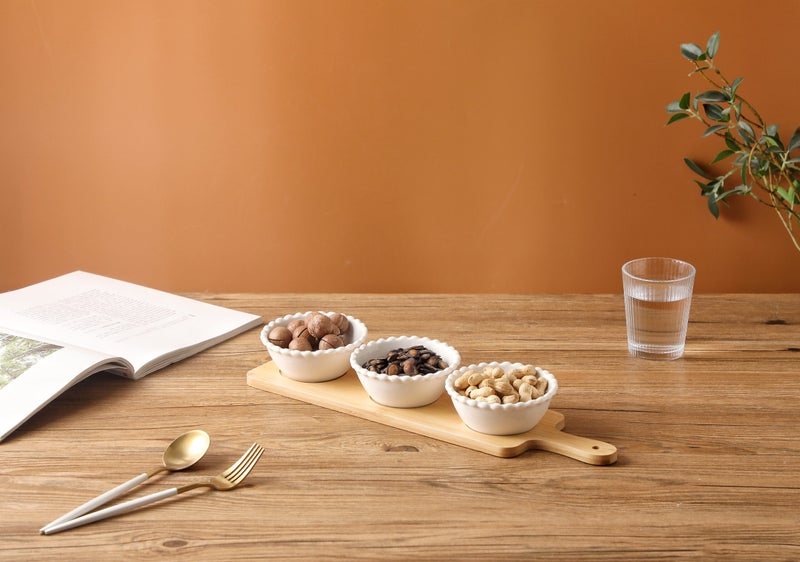 Shallow 3PCS Round Porcelain Bowl Set with Bamboo Stand  13cm White New Bone China Serving Bowls for Snacks, Dates & Desserts | Ramadan, Eid, Diwali, Everyday Hosting & Gifting - Image 5