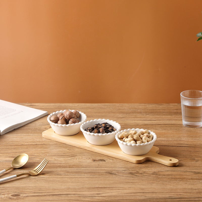 Shallow 3PCS Round Porcelain Bowl Set with Bamboo Stand  13cm White New Bone China Serving Bowls for Snacks, Dates & Desserts | Ramadan, Eid, Diwali, Everyday Hosting & Gifting - Image 4