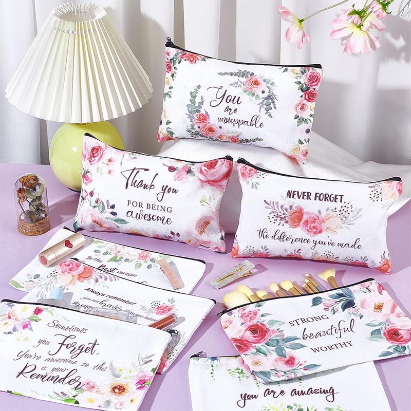 twinklemon 16PCS Canvas Cosmetic Bags Bulk Inspirational Quotes Makeup Bags for Women Encouragement Travel Pouch with Zipper Flower Cosmetic Pouch for Christmas Friendgiving Friend Gifts - Image 2