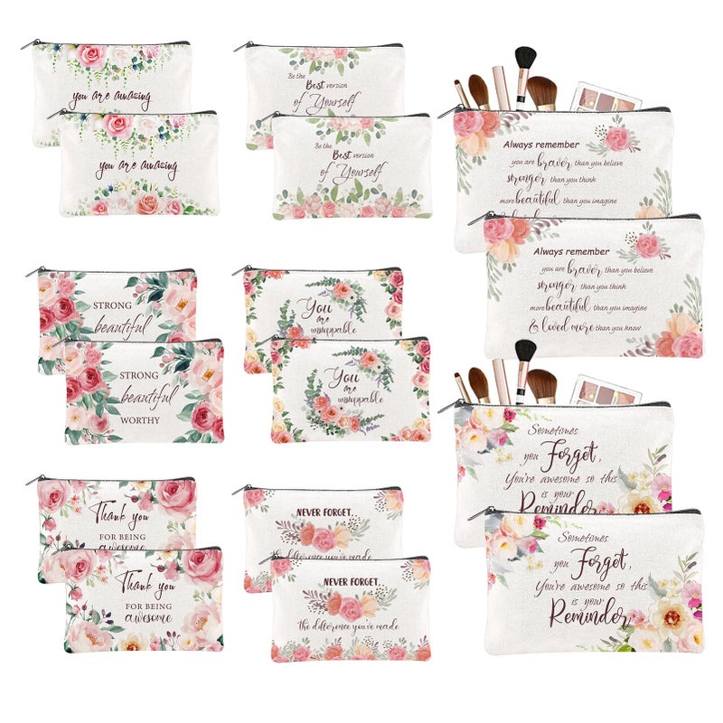 twinklemon 16PCS Canvas Cosmetic Bags Bulk Inspirational Quotes Makeup Bags for Women Encouragement Travel Pouch with Zipper Flower Cosmetic Pouch for Christmas Friendgiving Friend Gifts - Image 1