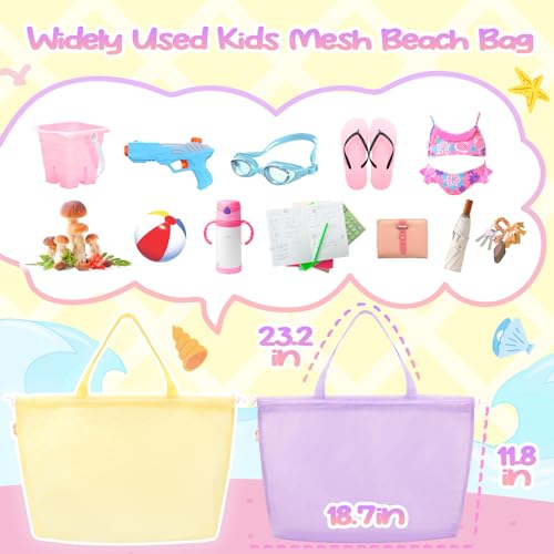 Tagitary Beach Toys Kids Beach Bag Tote with Drawstring,Yellow Purple Mesh Bag Travel Beach Essentials for Kids Swim Pool Gym Bag Camping Accessories Toys Storage Lightweight Foldable Birthday Gifts - Image 4