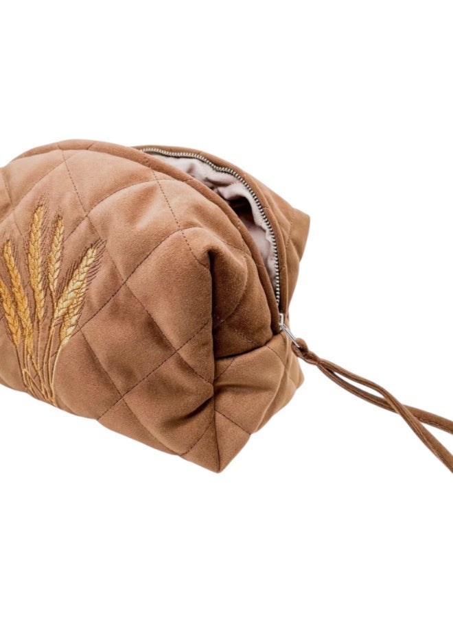 MOMO FOR HOME Brown Velvet Cosmetic Bag with Wheat Embroidery, Travel Makeup Pouch for Women - Image 2