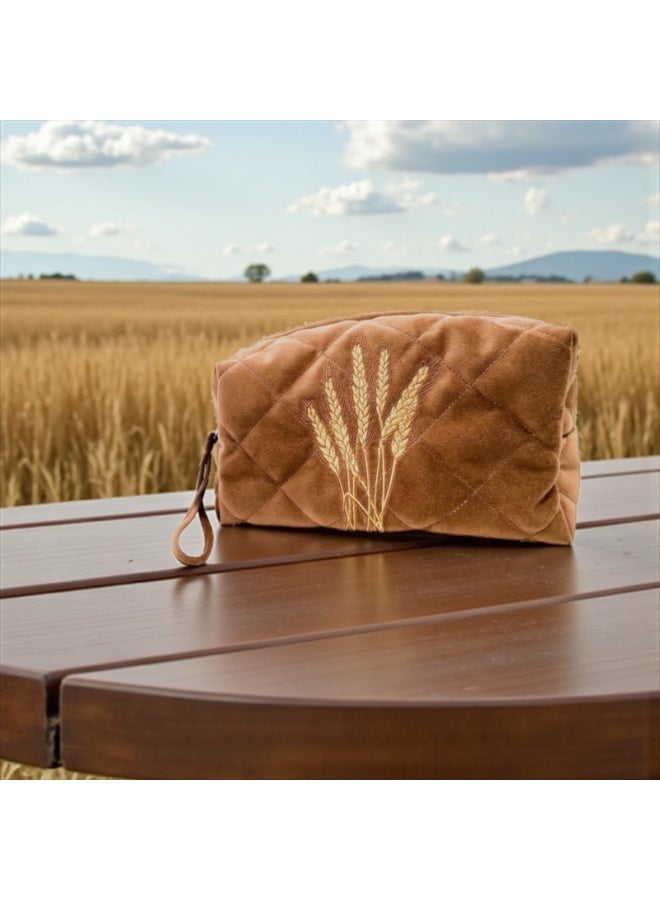 MOMO FOR HOME Brown Velvet Cosmetic Bag with Wheat Embroidery, Travel Makeup Pouch for Women - Image 3