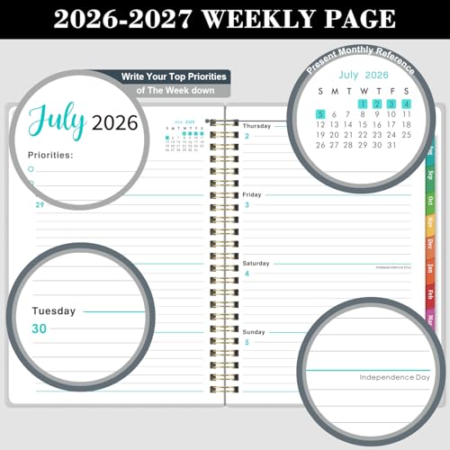 Tersus Planner 2026-2027 - Academic Planner 2026-2027, Jul. 2026 - Jun. 2027, 6.3'' x 8.4'', Weekly and Monthly Planner 26-27 with Back Pocket, Transparent PP Cover, Colorful Monthly Tabs - Image 5