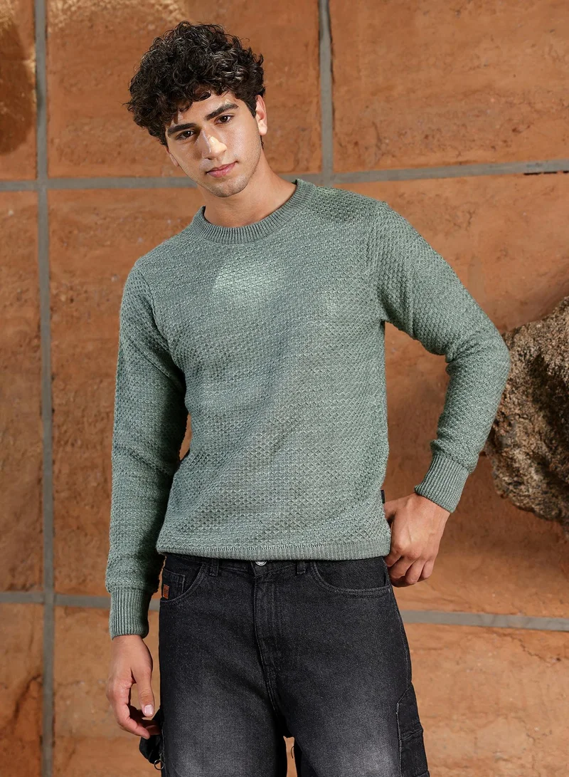 كامبوس سوترا Campus Sutra Men's Sage Green Geo-Jacquard Knit Pullover Sweater | Round Neck , Ribbed Cuff Sleeves , Pull On Closure , Ribbed-Straight Hem | Solid Jacquard For Casual & Daily Wear