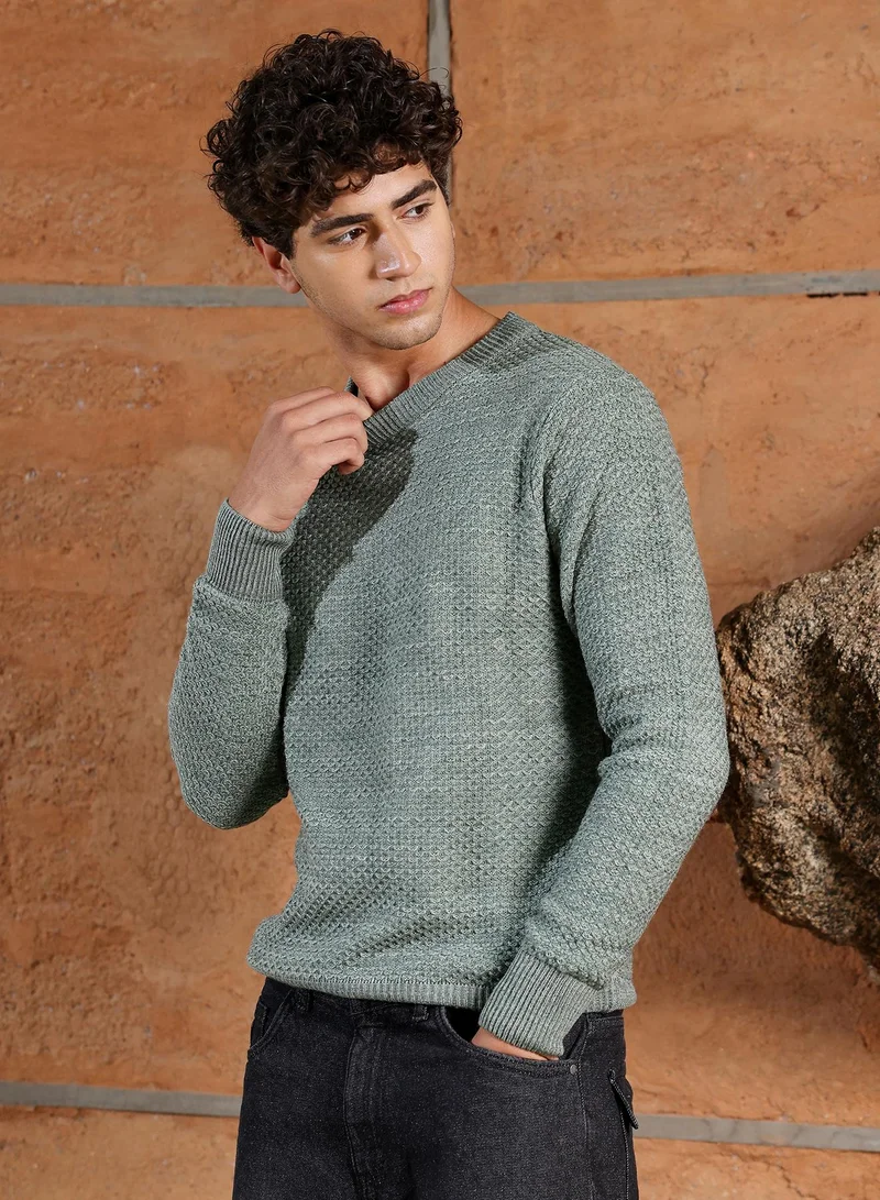 Campus Sutra Campus Sutra Men's Sage Green Geo-Jacquard Knit Pullover Sweater | Round Neck , Ribbed Cuff Sleeves , Pull On Closure , Ribbed-Straight Hem | Solid Jacquard For Casual & Daily Wear