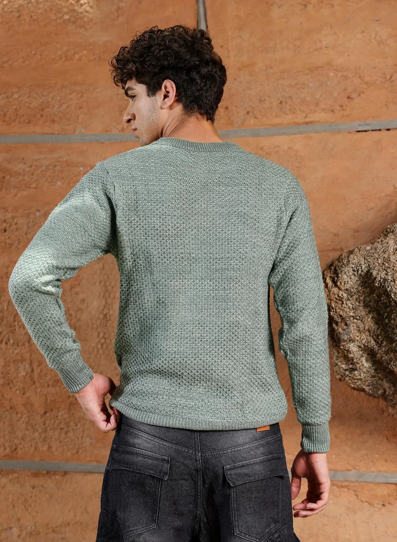 Campus Sutra Campus Sutra Men's Sage Green Geo-Jacquard Knit Pullover Sweater | Round Neck , Ribbed Cuff Sleeves , Pull On Closure , Ribbed-Straight Hem | Solid Jacquard For Casual & Daily Wear