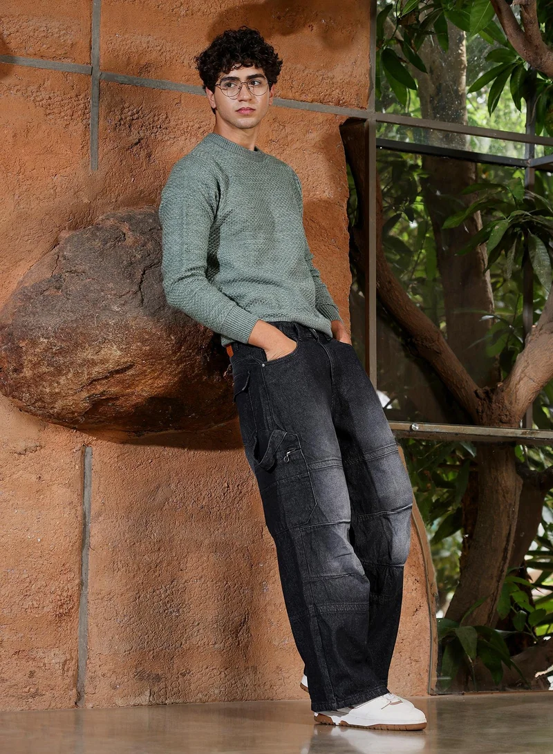 Campus Sutra Campus Sutra Men's Sage Green Geo-Jacquard Knit Pullover Sweater | Round Neck , Ribbed Cuff Sleeves , Pull On Closure , Ribbed-Straight Hem | Solid Jacquard For Casual & Daily Wear
